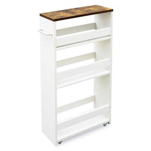 TEAMIX Slim Rolling Storage Cart, Wood 4-Tier Narrow Kitchen/Laundry Cart | 5.5"W Thin Cabinet with Wheels and Handle, Use as Spice Rack Next to Fridge, Laundry Room Organization Between Washer & Dryer - color: White, size: 5-1/2'' W