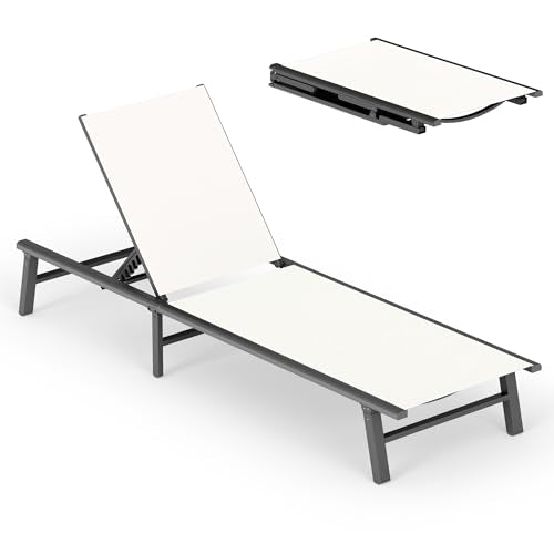 Foldable Outdoor Lounge Chair, No Assembly Patio Chaise Lounge Outdoor with 5-Positions, Aluminum Pool Lounge Chair with Portable Design for Pool, Beach, Deck, Backyard, White - color: White-upgraded, size: 1 Pack