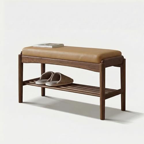 Black Walnut Shoe Bench Assembled, Solid Wood Shoe Rack Bench with Silicone Leather Cushion for Entryway, Living Room, Bedroom, Hallway - color: Brown Cushion, size: 31.5"W