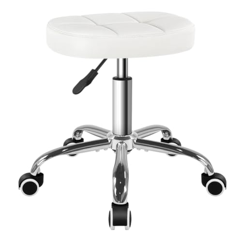 BFTOU White 6-Square Lattice PU Swivel Stool with Wheel for Work SPA Shop Massage Height-Adjustable Rolling Stool Chair - color: White