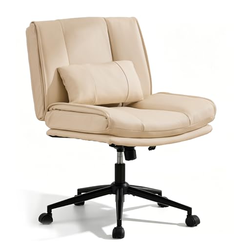 Armless Criss Cross Office Chair with Wheels,PU Leather Beige | 5.5" Double Layers Thickened Seat Cushion and Backrest,Lumbar Pillow,Swivel Chair,Wide Comfortable Cross Legged,320LBS - color: Beige