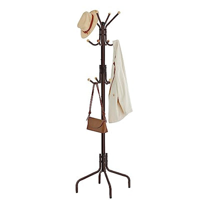 SONGMICS Coat Rack Freestanding, Metal Coat Rack Stand with 12 Hooks and 4 Legs, Holds Clothes, Hats, and Bags, for Entryway, Living Room, Bedroom, Brown URCR031Z01 | Coat Tree, Holds Clothes, Hats, and Bags, for Entryway, Living Room, Bedroom, Walnut Bro