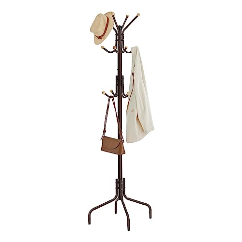 SONGMICS Coat Rack Freestanding, Metal Coat Rack Stand with 12 Hooks and 4 Legs, Holds Clothes, Hats, and Bags, for Entryway, Living Room, Bedroom, Brown URCR031Z01 | Coat Tree, Holds Clothes, Hats, and Bags, for Entryway, Living Room, Bedroom, Walnut Bro