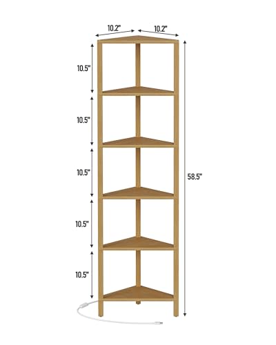 TUTOTAK Corner Shelf with LED Light, 6-Tier Corner Bookshelf | for Small Space, Narrow Display Corner Shelf Stand with Storage Rack, for Living Room, Bedroom, Natural BS05BN006L - color: Natural, size: 6-tier With Led