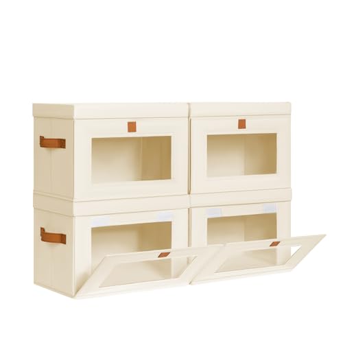 DIMJ Storage Bins with Lids - 4 Pack Front Opening Stackable Fabric Storage Boxes with Clear Window & Handles, Collapsible Closet Organizers for Clothes, Sweaters, Shelf Storage, Bedroom, Beige - color: Beige, size: Large-4 Pack