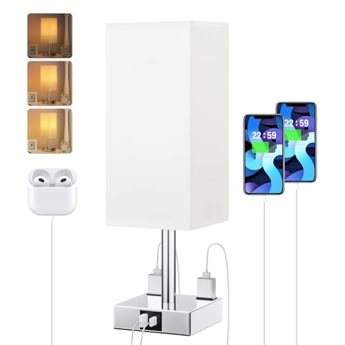 White Touch Table Lamp for Bedroom - Dimmable, USB C+A, 2 AC Outlets | 3-Way Dimming, 3000K Bulb Included, Square White Lampshade and Silver Base, Desk Lamp for Nightstand, Living Room, Dorm - color: White & Silver, size: 14.0in