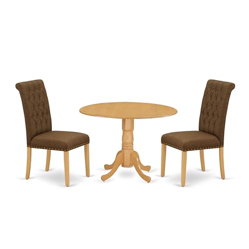 East West Furniture DLBR3-OAK-18 3 Piece Kitchen Table & Chairs Set Contains a Round Dining Table with Dropleaf and 2 Brown Linen Linen Fabric Upholstered Chairs, 42x42 Inch, Oak - color: Dlbr3-oak-18