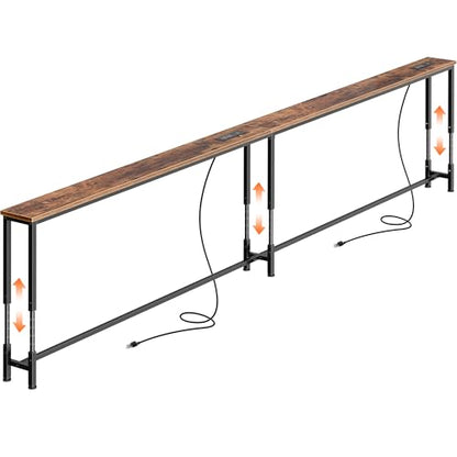 Huuger 110.2 Inch Sofa Table with Power Outlets, 23.9’’-34.4’’ Height Adjustable Range, Behind Couch Table with USB-C Ports, Sofa Tables Narrow Long, Skinny Console Table, Small Spaces, Rustic Brown - color: Rustic Brown, size: 110.2''W x 23.9''-34.4''H