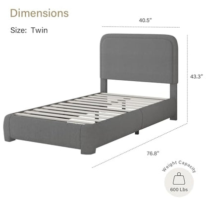 BarnFurin Twin Bed Frame, Cloud Boucle Headboard, Low Profile, Dark Grey | Soft boucle and rounded edges create a low-profile cloud look. Wooden slats support the mattress without a box spring - color: Dark Grey, size: Twin