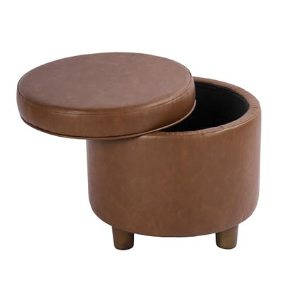 HomePop 19" Round Storage Ottoman - Chestnut Brown Faux Leather - color: Chestnut Brown Faux Leather