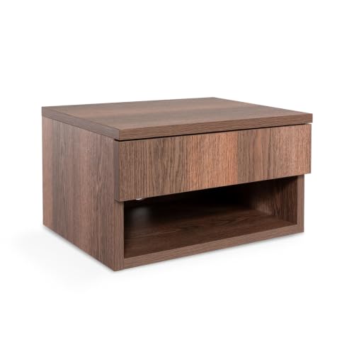 JONATHAN Y Ettore 15.7" Wall Mounted Nightstand, Brown | Soft-Close Drawer, Open Storage Cubby, Built-In Cable Management Hole, Minimalist Wood-Grain Laminate, Floating Design - color: Dark Brown, size: Set of 1, style: Ettore