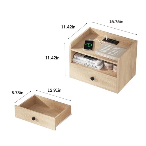 Floating Nightstand Set of 2 Modern Night Stands with Drawer and Open Shelf | Cubby Small Bedside End Table with Charging Station Wall Mounted Nightstands Set 2 for Bedroom Natural - color: Natural