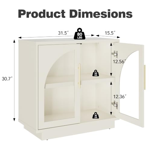 Fatmok Arched Glass Sideboard Buffet Accent Cabinet, 31.5" Display Credenza with Adjustable Shelf,1-Piece Modular Coffee Station Storage for Kitchen Living Room Bedroom, Beige(Not White) - color: D-beige