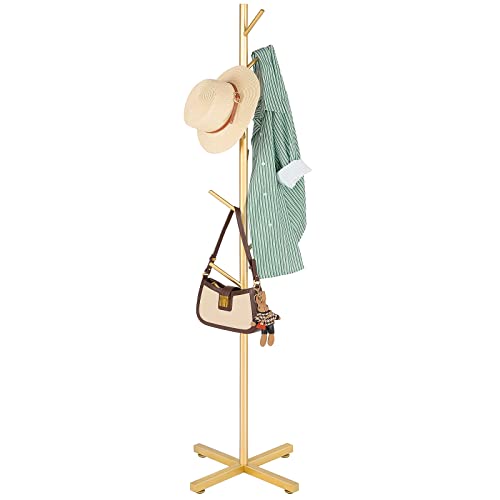 ZOZOE Coat Rack with 8 Hooks, Golden Adjustable Coat Rack Stand | Heavy Duty Coat Rack Freestand,Modern Coat Stand,Metal Clothes Tree Stand for Coats Bags Hats in Hallway Entryway - color: Golden