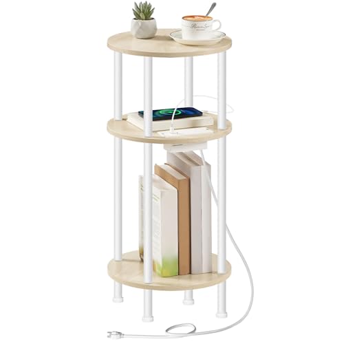 HOOBRO Small Round Side Table, 3-Tier Compact Sofa End Table with Charging Station, Circle Bedside Table Nightstand with Storage, for Small Space, Living Room, Bedroom, Natural and White WN219UBZ01 - color: Natural + White