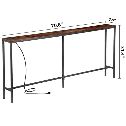 SUPER DEAL 70.8 Inch Narrow Console Table with Power Outlet, Industrial Long Sofa Table with USB Ports Behind Couch Table for Entryway, Hallway, Foyer, Living Room, Rustic Brown