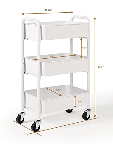 SunnyPoint 3-Tier Delicate Compact Rolling Metal Storage Organizer - Mobile Utility Cart Kitchen/Under Desk Cart with Caster Wheels - WHT (15.35" X 10.24" X 26.8"H) - color: Wht