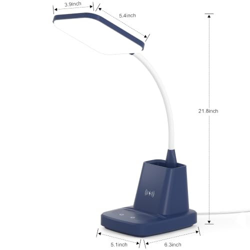 LED Desk Lamp with 10W Wireless Charging & Pen Holder, Navy Blue | CRI 95, 800LM, Stepless Dimming, 3 Modes, 360°Flexible Arm, Touch, Study Table Lamp for Home Office, Dorm Room, with Adapter - color: Navy Blue