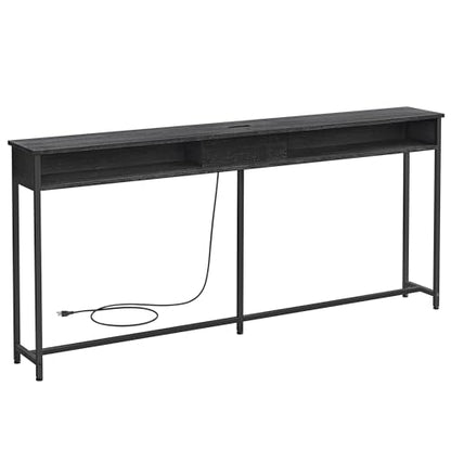 VASAGLE 70.9-Inch Console Table with Outlet and Shelves, Sofa Table with Charging Station, Behind Couch Table Skinny, Entryway Table for Hallway, Living Room, Charcoal Gray and Ink Black ULNT118B22