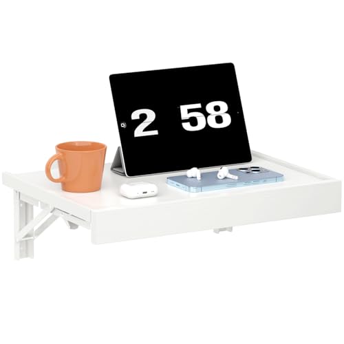 TEAMIX Wall Mounted Folding Bedside Shelf, White Wood Floating Nightstand Table with Heavy-Duty Brackets, 16.5''x12'' Space Saving Bed Side Tray Storage for Bedroom, Living Room, Dorm (White, Basic) - color: White, size: Basic