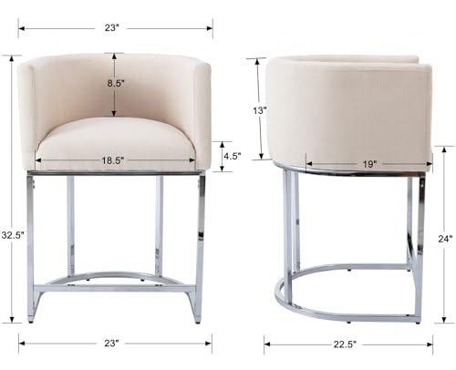HNY Modern Counter Height Linen Cream Fabric Upholstered Counter Stools Set of 2, 24 Inch Kitchen Island Stool with Chrome Finish Metal Frame - color: 24inch Cream,chrome Base