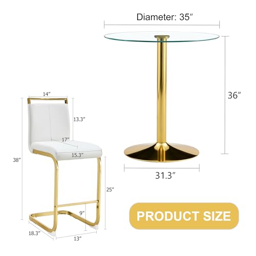 3-Piece Round Bar Table Set,Counter Height Dining Table Set,35" Tempered Glass Pub Table and White Chairs,Round Gold bar Table Set for 2 for Small Spaces,Bistro,Kitchen,Cafe(36" H - color: Gold&white