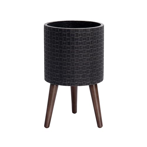D'vine Dev Planter Pot with Wood Stand, 10 in, Distressed Black, 88-Z-B-5 | Mid-Century Modern Style, Elevated Plant Display, Drainage Hole and Plug, Functional & Stylish, Modern Indoor Planter - color: Distressed Black, size: Medium