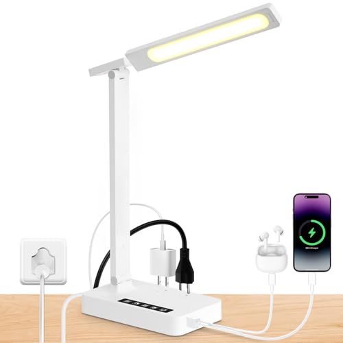 Infiway LED Desk Lamps for Home Office: Desk Lamp with USB Charging Port - 1 USB-A, 1 Type-C Ports, 2 AC Power Outlets, Touch Control Dimmable 5 Color 5 Brightness, Night Light(White) - color: White