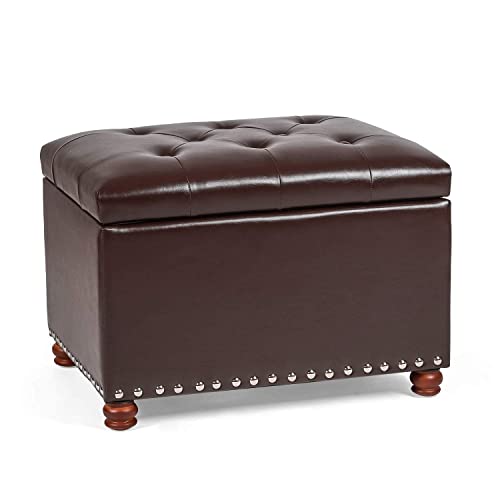 Adeco Button Tufted Accents Rectangular PU Leather Storage Bench Ottoman Footstool for Living Room Bedroom - color: Brown-new