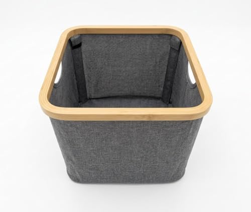 Bamboo Storage Basket, Collapsible Fabric Shelf Basket with Handles, Open-Top Closet Organizer Bin, Gray, 11.8 x 11.8 x 9.6 in