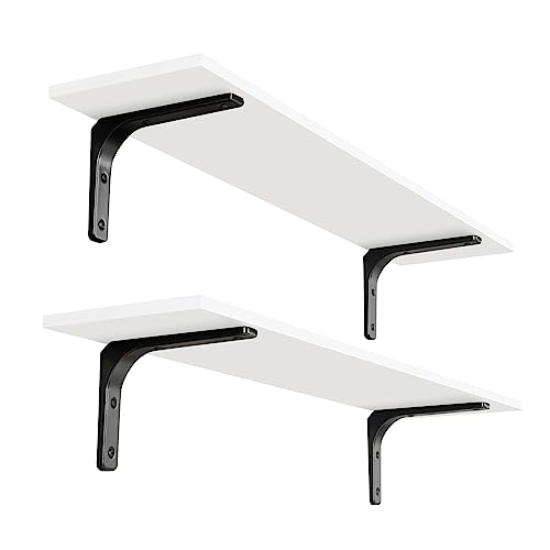 Long Wall Shelves, 31.5Inch Wooden Wall Mounted Shelves, Set of 2 | Floating Book Shelf, Sturdy Metal Bracket Easy Assembly, Max Load 22lbs, Wall Storage Ledges, Bedroom/Bathroom/Kitchen, White - color: White, size: 31.5 Inch