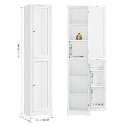 71" Tall Narrow Storage Cabinet with Reversible Doors, Small Pantry, White | Slim Kitchen Pantry with Adjustable Shelves, Spice Rack, Modern Narrow Cabinet for Bathroom, Living Room, Entryway