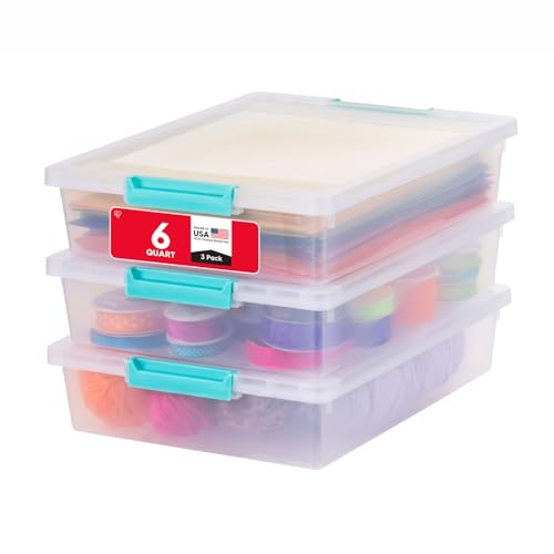 IRIS USA Storage Bins with Lids |Made in USA| 6 Qt - (3-Pack) - Clear | Sensory Craft Organizers, Plastic Clip Box Totes, Flat Containers for Organizing Paper, Office, Art & Study Supplies - color: Clear/Seafoam Blue, size: 6 Qt. - 3 Pack