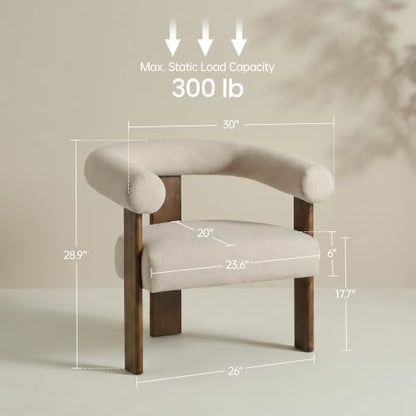 VKNOW Barrel Accent Chair, Vanity Chair with Armrests and Walnut Wood Legs | Mid Century Modern Upholstered Living Room Chairs with Open Back, Faux Mohair Fabric, for Living Room, Bedroom, Khaki - color: Khaki(walnut Legs), size: Set of 1