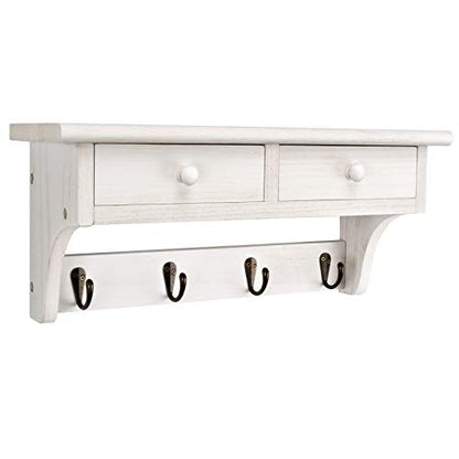 Emfogo Coat Hooks Wall Mounted, Rustic Wood Coat Rack Wall Mount Shelf with Hooks, Farmhouse Wall Coat Rack with Shelf & Coat Hook for Entryway, Mudroom, Bedroom, Kitchen, Bathroom (White) - color: White