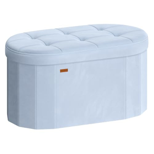 SONGMICS MINOTA Collection - Folding Ottoman with Storage, Oval Storage Ottoman Bench, for Living Room, Bedroom, Velvet Fabric, 15 x 29.9 x 15 Inches, Baby Blue ULSF267QQ01 - color: Baby Blue, size: 15"D x 30"W x 15"H, style: Oval