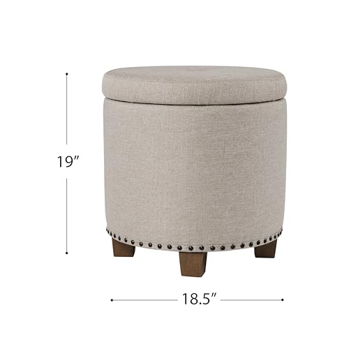 HomePop 18.5" Round Storage Ottoman with Nailheads - Light Brown Fabric - color: Light Brown Fabric