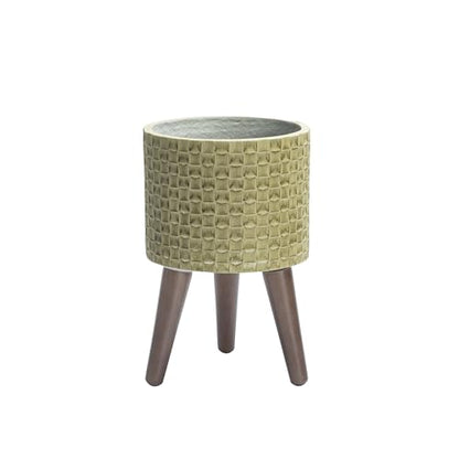D'vine Dev Planter Pot with Wood Stand, 8 in, Distressed Olive, 88-Z-A-4 | Mid-Century Modern Style, Elevated Plant Display, Drainage Hole and Plug, Functional & Stylish, Modern Indoor Planter - color: Distressed Olive, size: Small