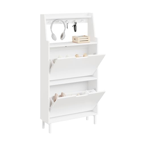 HHaotian Flip-Drawer Shoe Cabinet with Two Drawers & Open Shelves | Slim Hidden Shoe Rack Cabinet with Hook for Entryway, FSR221-W - color: White, size: 2-Drawers+Shelf