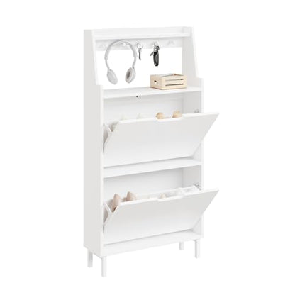 HHaotian Flip-Drawer Shoe Cabinet with Two Drawers & Open Shelves | Slim Hidden Shoe Rack Cabinet with Hook for Entryway, FSR221-W - color: White, size: 2-Drawers+Shelf