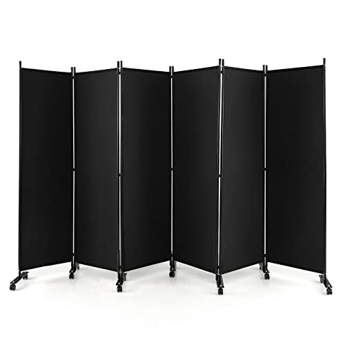 NAFORT 6 Panel Folding Room Divider for Room Separation, Freestanding Privacy Screen with Lockable Universal Wheels, Fabric Wall Partition Screen for Living Room, Bedroom, Office, Black - color: Black
