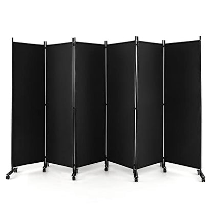 NAFORT 6 Panel Folding Room Divider for Room Separation, Freestanding Privacy Screen with Lockable Universal Wheels, Fabric Wall Partition Screen for Living Room, Bedroom, Office, Black - color: Black