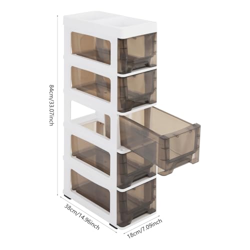 5 Drawers Storage Cabinet, Bathroom Narrow Slim Tower with Drawer & Wheels, Freestanding PP Organizer for Small Spaces, Vertical Storage for Toiletries Towels, White