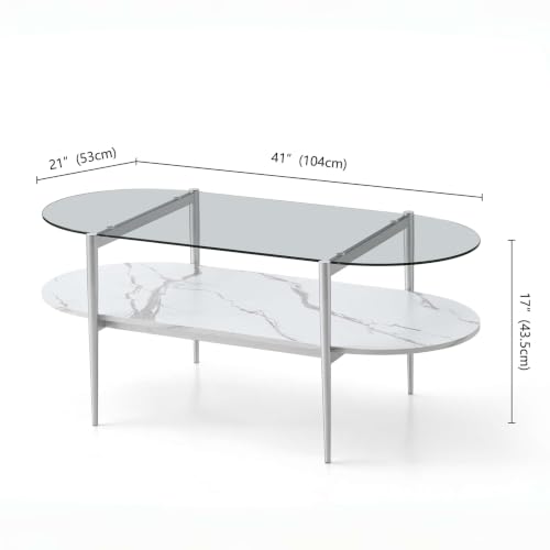 LumFurn Oval Glass Coffee Table, Mid-Century Modern Design for Living Room, L41xW21xH17inch, Clear Glass, White Marble Finish Wood & Silver Finish Frame - color: Oval L41" Silver & White Marble