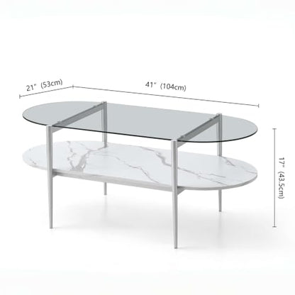 LumFurn Oval Glass Coffee Table, Mid-Century Modern Design for Living Room, L41xW21xH17inch, Clear Glass, White Marble Finish Wood & Silver Finish Frame - color: Oval L41" Silver & White Marble