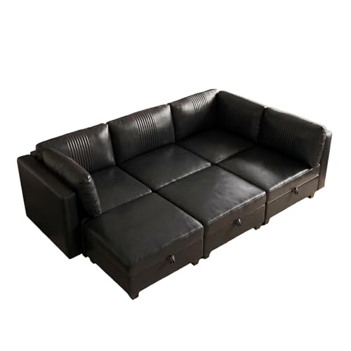 ERYE 99-Inch Oversized U Shaped Sectional Sofa 6 Seat Modular Storage Sofa Couch W/Deep Seat,Pet Friendly Faux Leather Upholstered Convertible Sleeper Sectional Couch with Ottomans - color: Black 99"