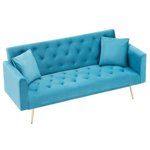 71" Modern Velvet Sofa Bed Futon, Convertible Sleeper Couch, Adj. Backrest | Tufted Recliner Loveseat Design with Golden Chrome Legs & 2 Pillows, Perfect for Small Spaces, Living Room, Apartment - color: Light Blue