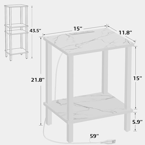 TUTOTAK End Table with Charging Station, Side Table Set of 2, Nightstand | 2-Tier Storage Shelf, Bedside Table with USB Ports, Sofa Table for Small Space, Livingroom, Bedroom Marble White TB01BMW041 - color: Marble White