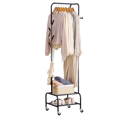 Heavy Duty Clothing Rack with Wheels, Garment Rack, Freestanding Coat Rack with 6 Hooks for Entryway, Bedroom Metal Clothes Hanger Stand for Hats, Jackets, Bags,Shoes (Black, Double-layer) - color: Black, size: Double-layer