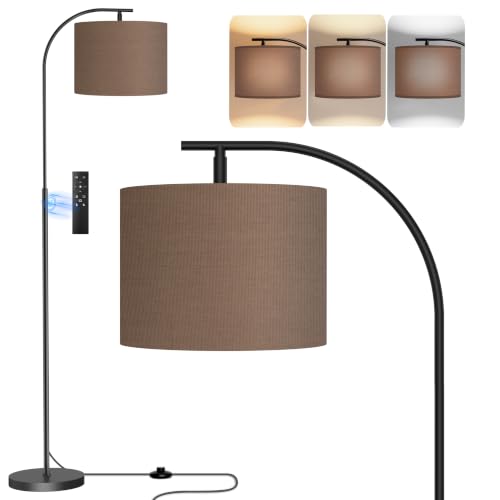 Floor Lamp with Linen Shade, Arc Dimmable Tall Standing Lamp with Remote Control, Modern Floor Reading Light for Living Room Bedroom Office Corner, 9W LED Bulb Included - color: Brown